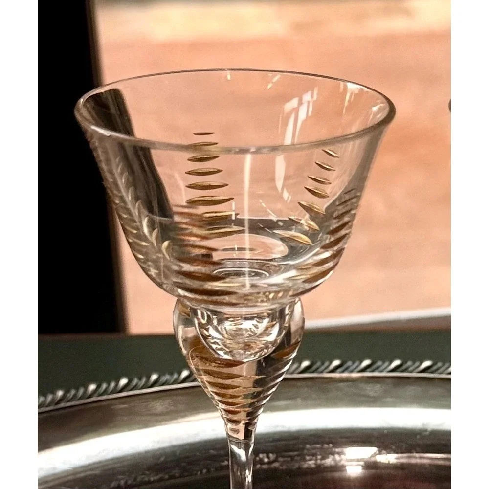 Vintage Gold Decorated Cordial Glasses Set of 12 Optic Spiral Stem Cocktail Bar